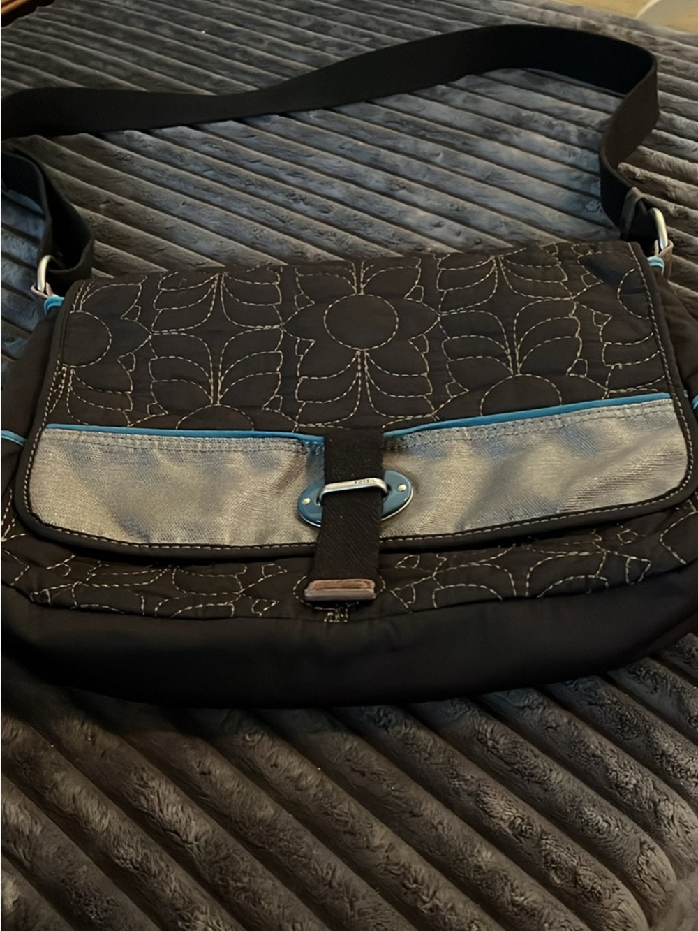 Fossil Black Quilted Crossbody with Silver Accent and Blue Trim